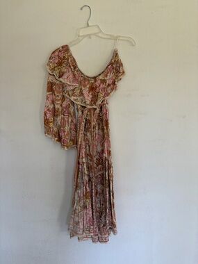 Spell One-Shoulder Ruffled Midi Dress in Pink and Brown Floral